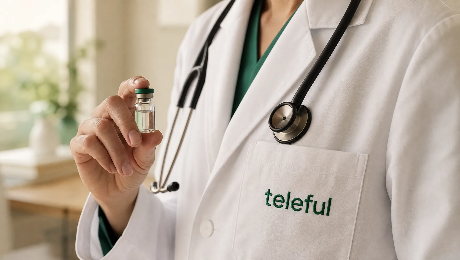 Physician with an embroidered teleful coat holding a vial